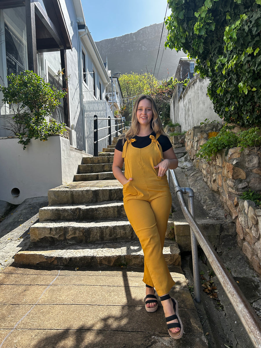 Ladies black dungaree with mustard taping – anay and jay