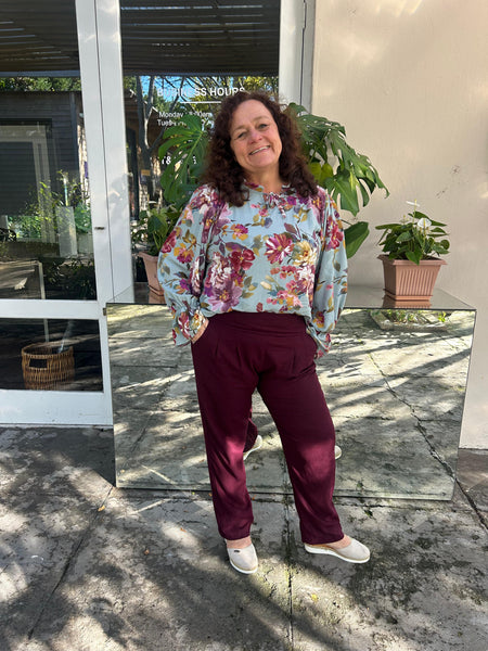Blue Blooms Frill Collar Blouse and Plum Linen Pleated Trousers