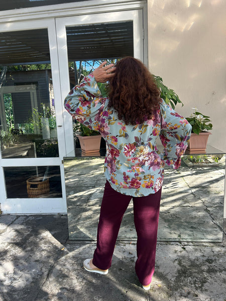 Blue Blooms Frill Collar Blouse and Plum Linen Pleated Trousers