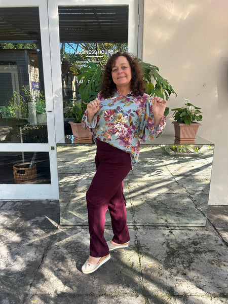 Blue Blooms Frill Collar Blouse and Plum Linen Pleated Trousers