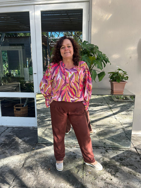 Blush Tones Frill Collar Blouse and Chocolate Linen Pleated Trousers