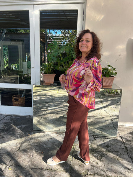 Blush Tones Frill Collar Blouse and Chocolate Linen Pleated Trousers