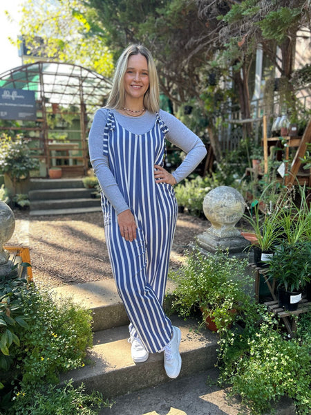 Blue Stripe Linen Blend Dungarees