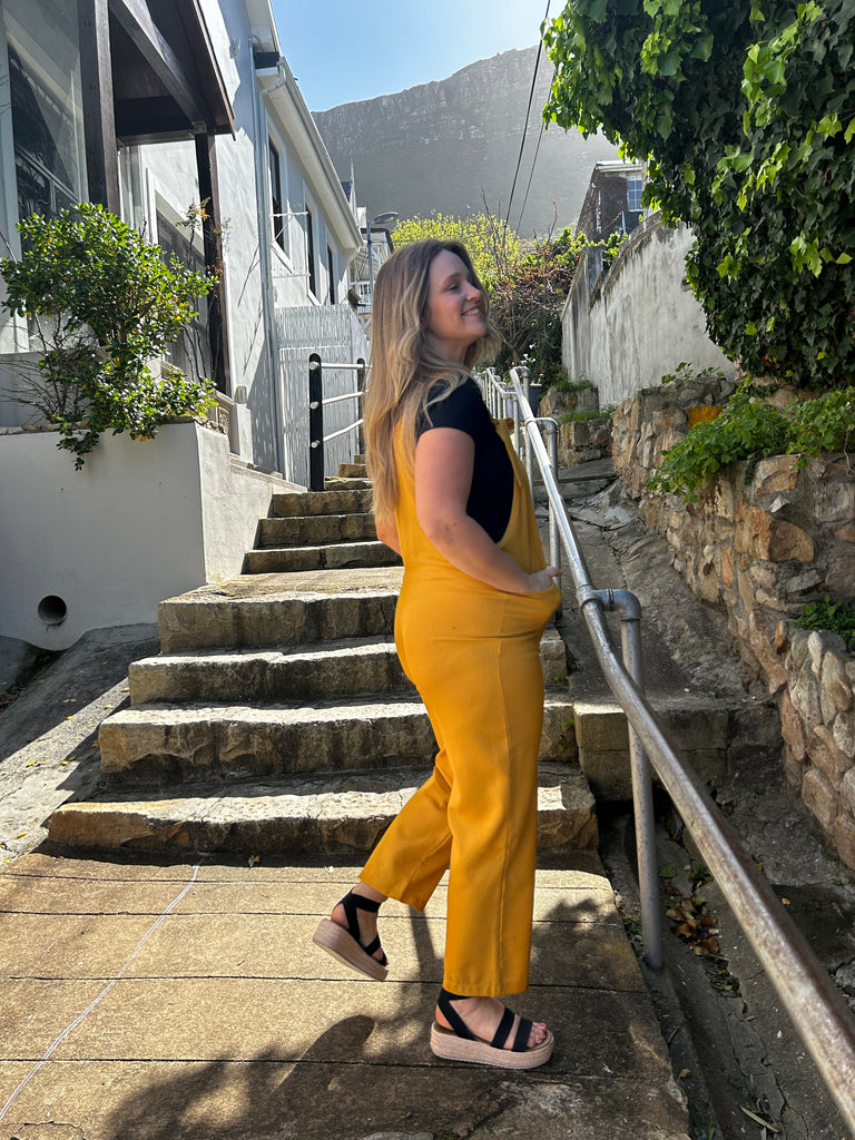 Ladies black dungaree with mustard taping – anay and jay