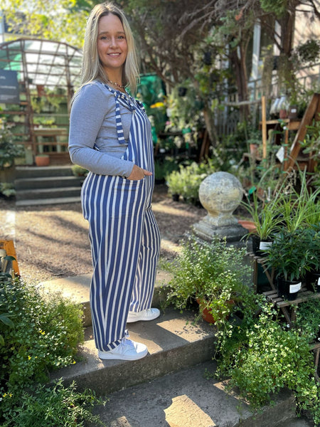 Blue Stripe Linen Blend Dungarees